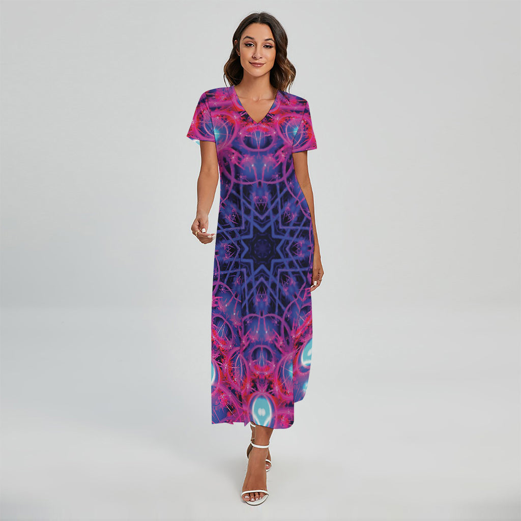 Purple And Blue Light Mandala Print Short Sleeve Maxi Dress