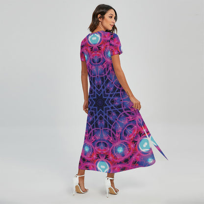 Purple And Blue Light Mandala Print Short Sleeve Maxi Dress