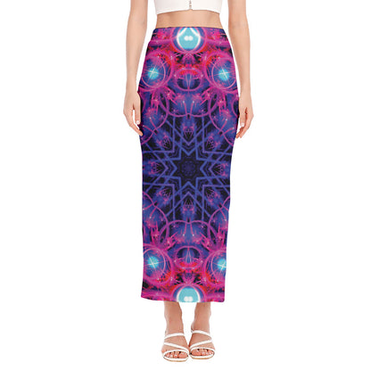 Purple And Blue Light Mandala Print Side Slit Maxi Skirt