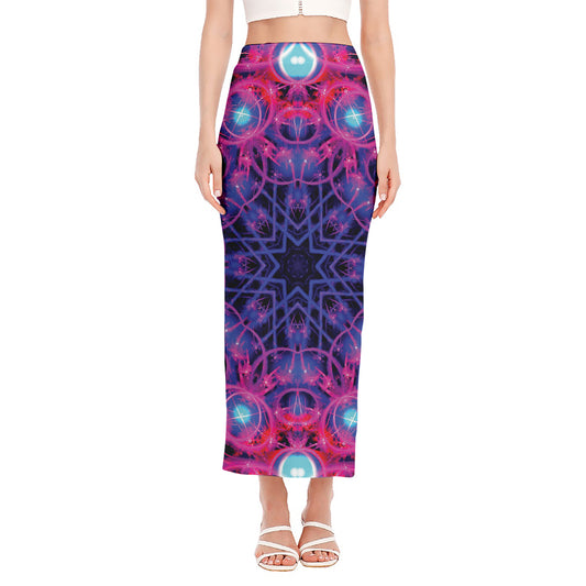 Purple And Blue Light Mandala Print Side Slit Maxi Skirt