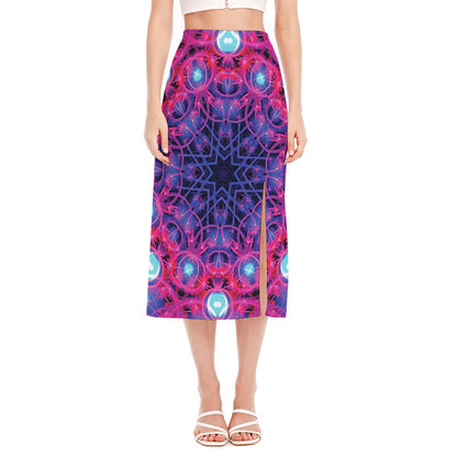Purple And Blue Light Mandala Print Side Slit Midi Skirt