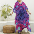 Purple And Blue Light Mandala Print Silk V-Neck Kaftan Dress