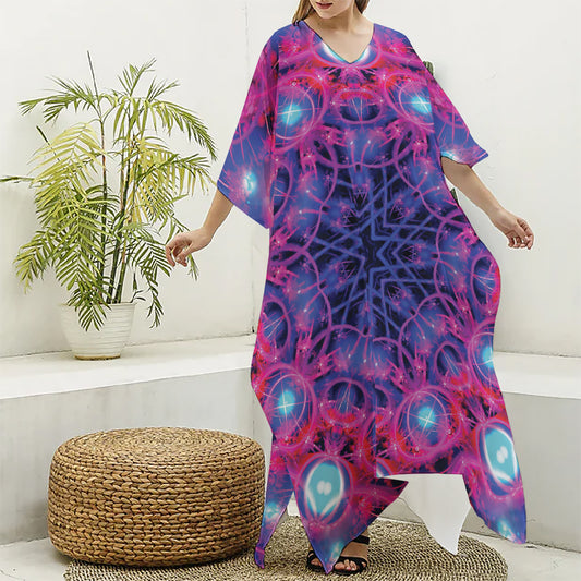 Purple And Blue Light Mandala Print Silk V-Neck Kaftan Dress