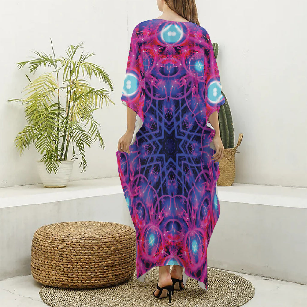 Purple And Blue Light Mandala Print Silk V-Neck Kaftan Dress