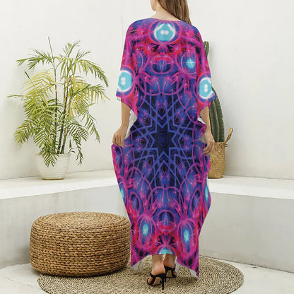 Purple And Blue Light Mandala Print Silk V-Neck Kaftan Dress