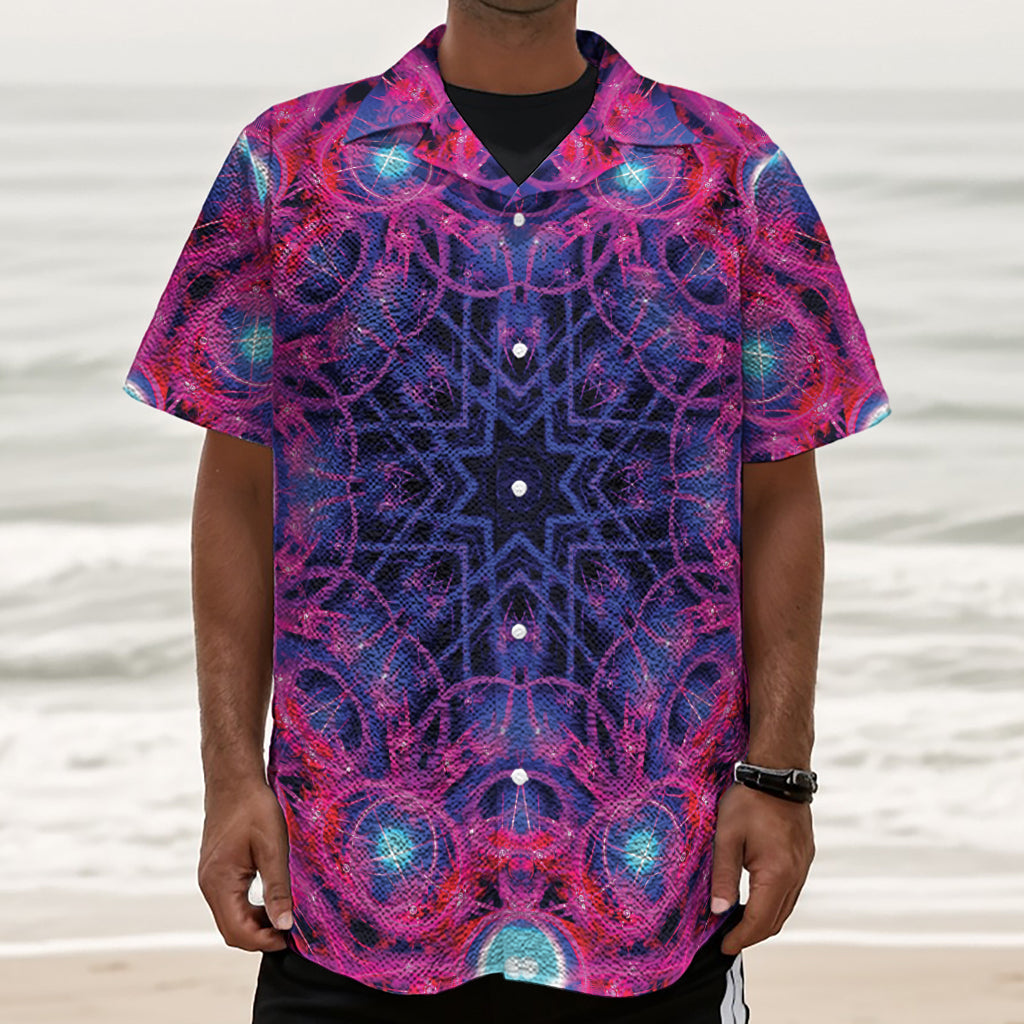 Purple And Blue Light Mandala Print Textured Short Sleeve Shirt