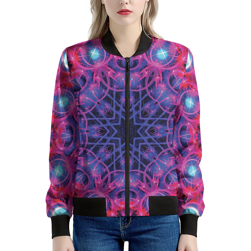 Purple And Blue Light Mandala Print Women's Bomber Jacket