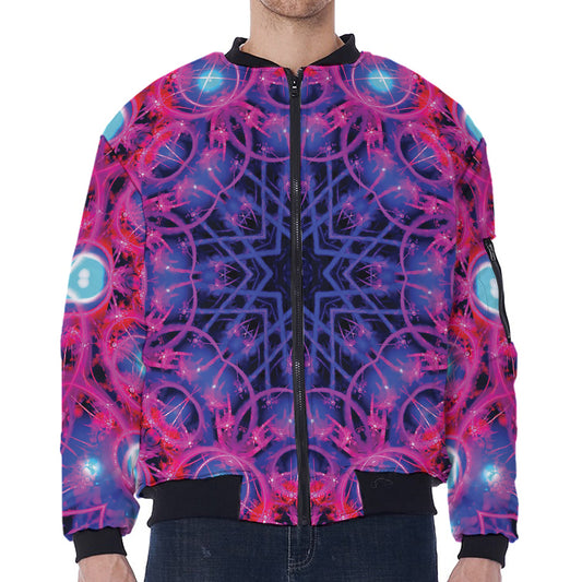 Purple And Blue Light Mandala Print Zip Sleeve Bomber Jacket