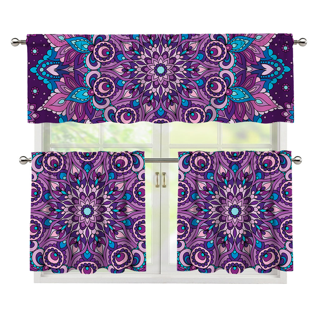 Purple And Blue Mandala Print 3 Piece Kitchen Curtains