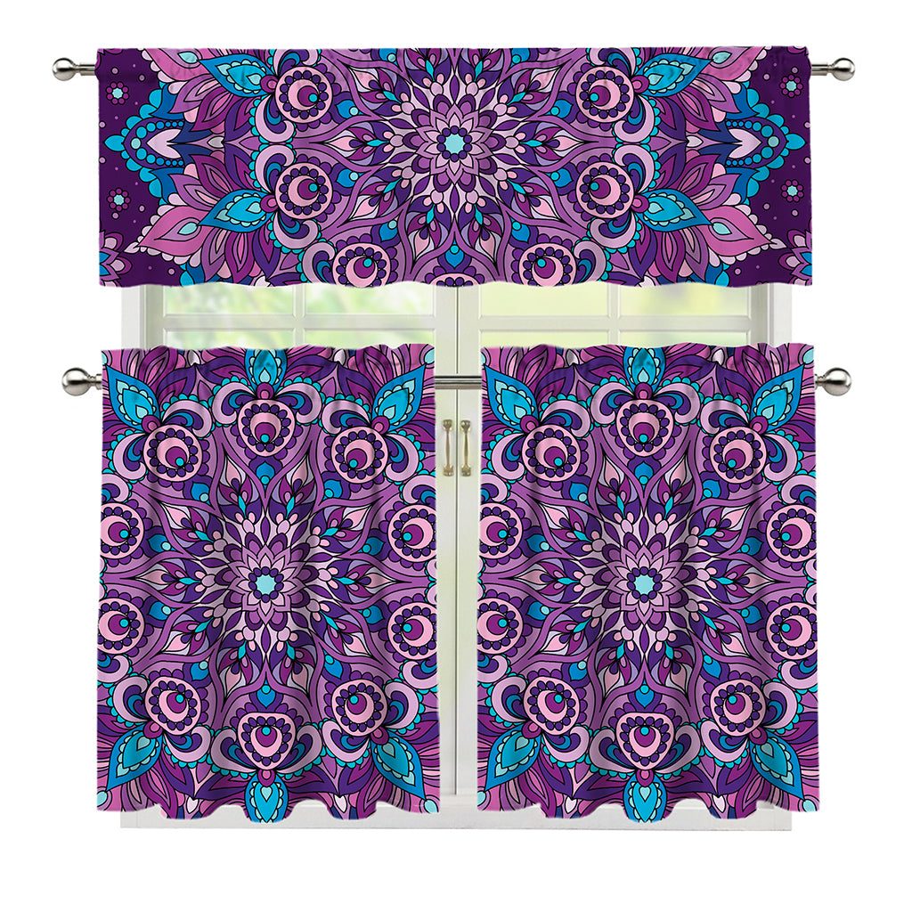 Purple And Blue Mandala Print 3 Piece Kitchen Curtains
