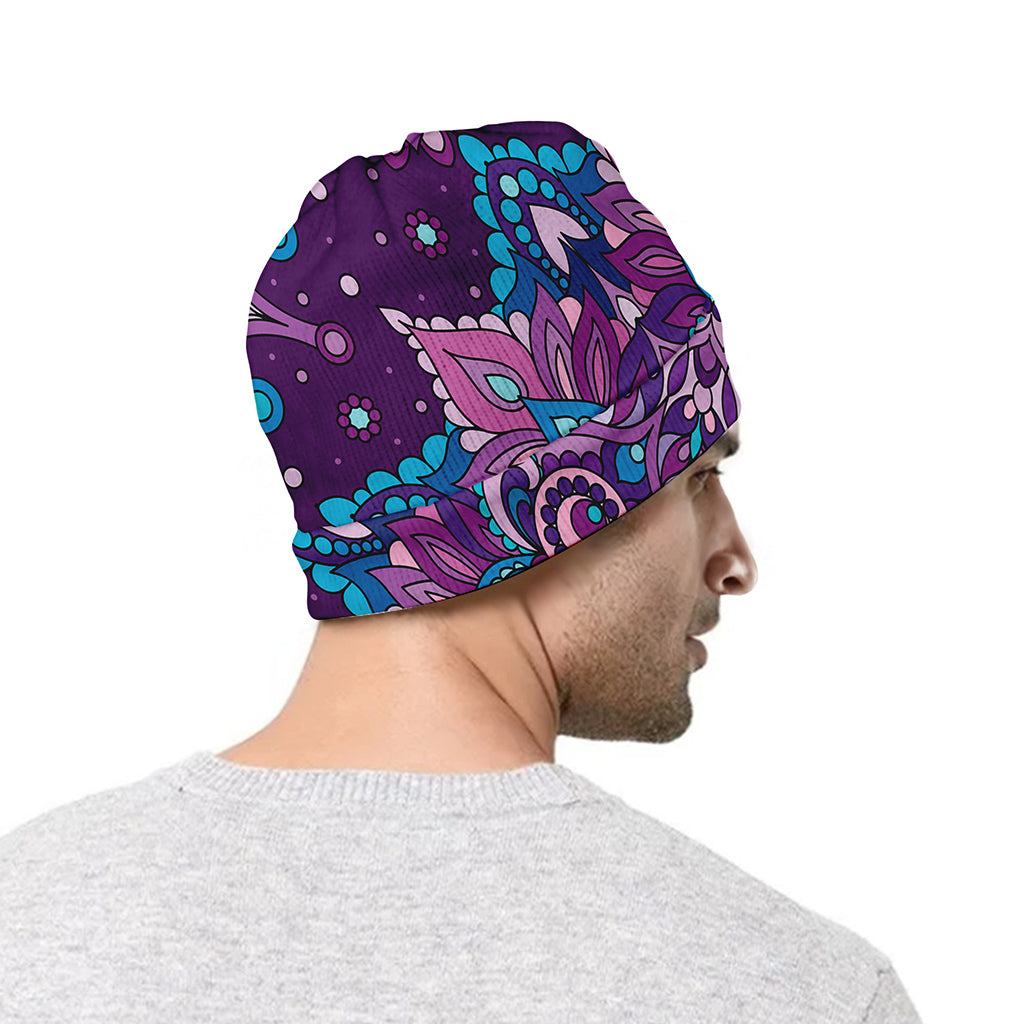 Purple And Blue Mandala Print Beanie