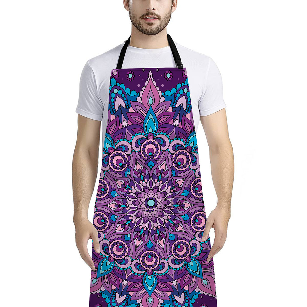 Purple And Blue Mandala Print Bib Apron With Pocket
