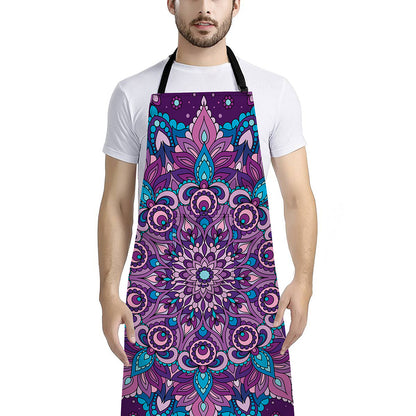 Purple And Blue Mandala Print Bib Apron With Pocket