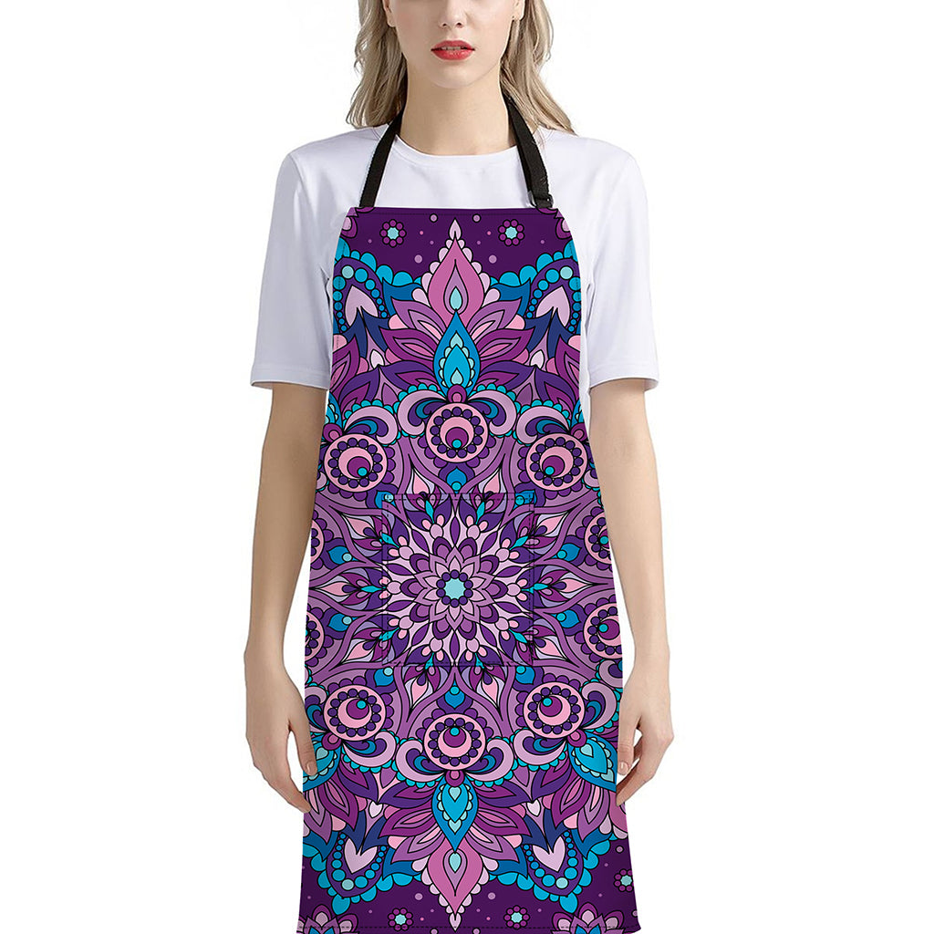 Purple And Blue Mandala Print Bib Apron With Pocket