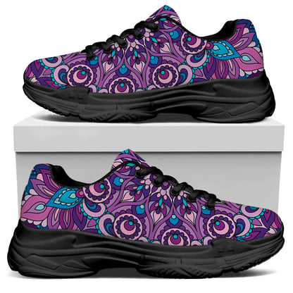 Purple And Blue Mandala Print Black Chunky Shoes
