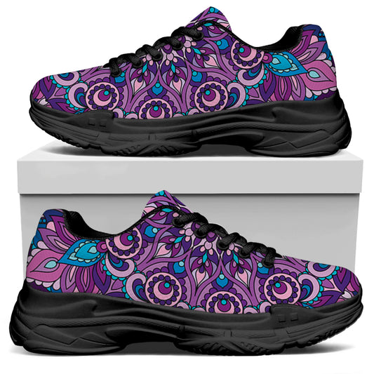 Purple And Blue Mandala Print Black Chunky Shoes