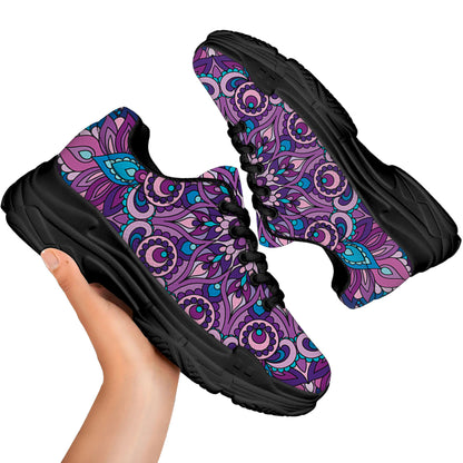Purple And Blue Mandala Print Black Chunky Shoes