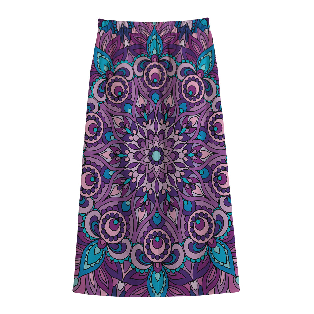 Purple And Blue Mandala Print Cotton Front Slit Maxi Skirt