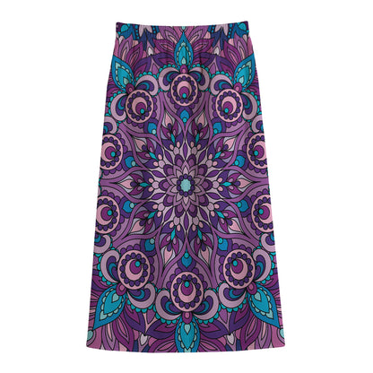Purple And Blue Mandala Print Cotton Front Slit Maxi Skirt