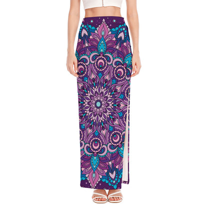 Purple And Blue Mandala Print High Slit Maxi Skirt