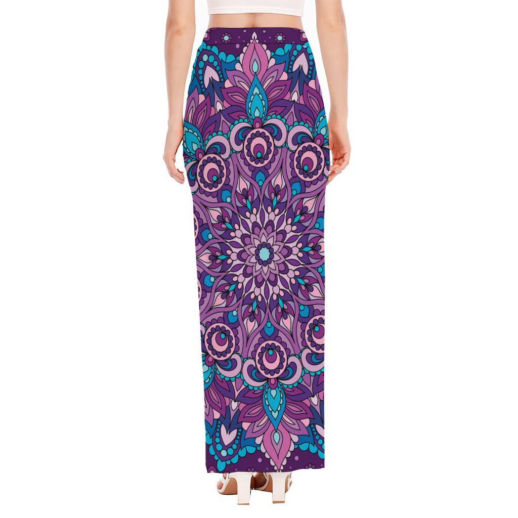Purple And Blue Mandala Print High Slit Maxi Skirt