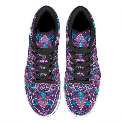 Purple And Blue Mandala Print High Top Leather Sneakers