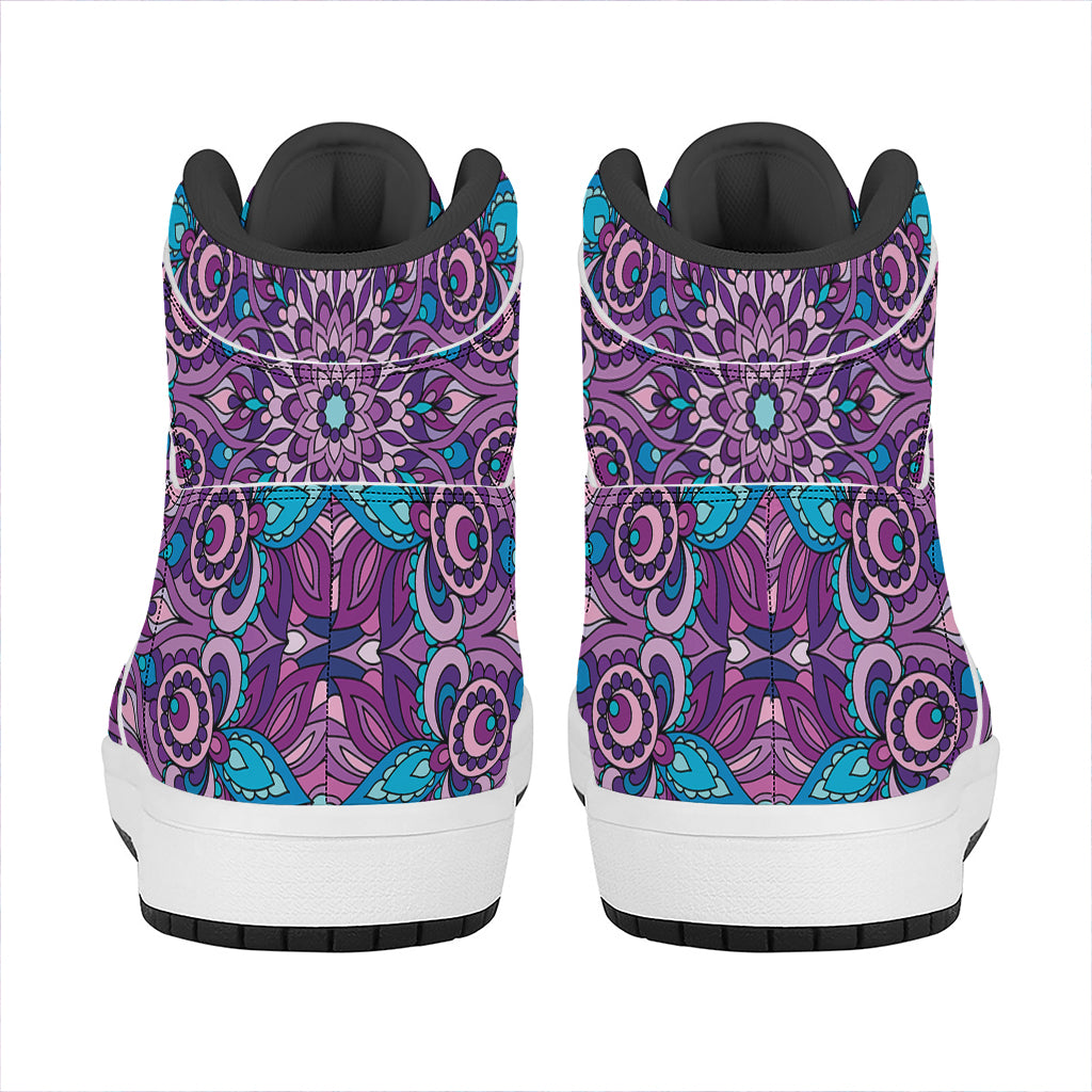 Purple And Blue Mandala Print High Top Leather Sneakers