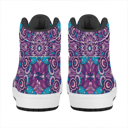 Purple And Blue Mandala Print High Top Leather Sneakers