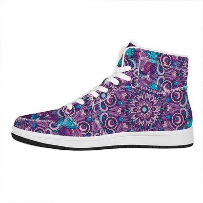 Purple And Blue Mandala Print High Top Leather Sneakers