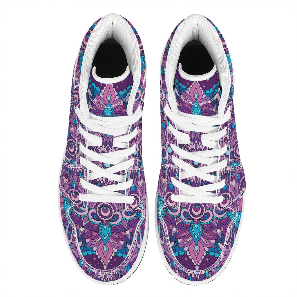 Purple And Blue Mandala Print High Top Leather Sneakers