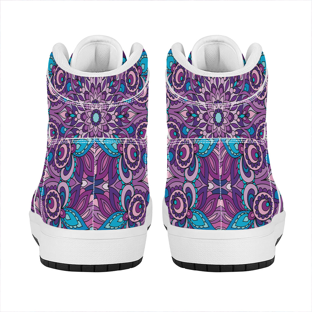 Purple And Blue Mandala Print High Top Leather Sneakers