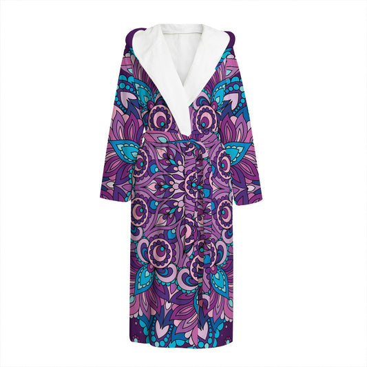 Purple And Blue Mandala Print Hooded Bathrobe