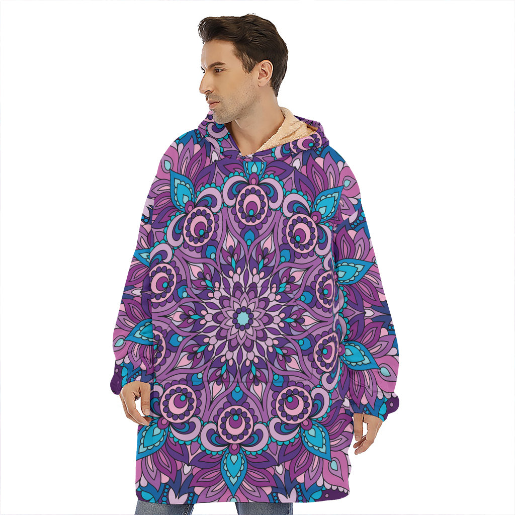 Purple And Blue Mandala Print Hoodie Blanket