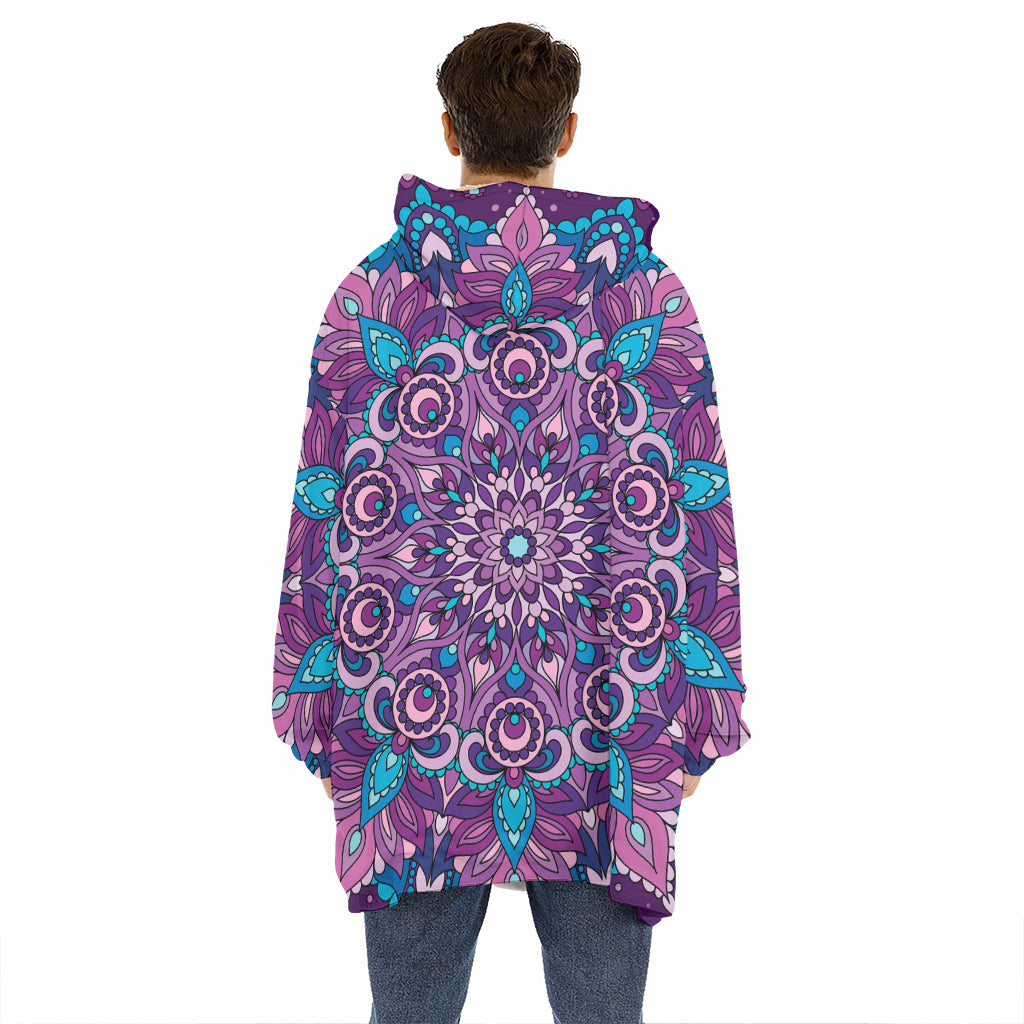 Purple And Blue Mandala Print Hoodie Blanket