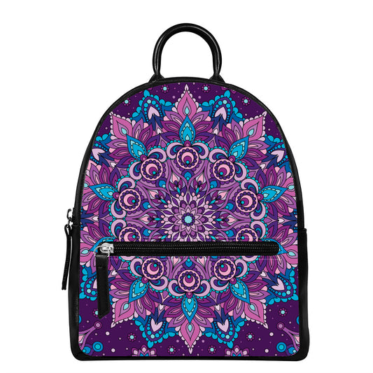 Purple And Blue Mandala Print Leather Backpack