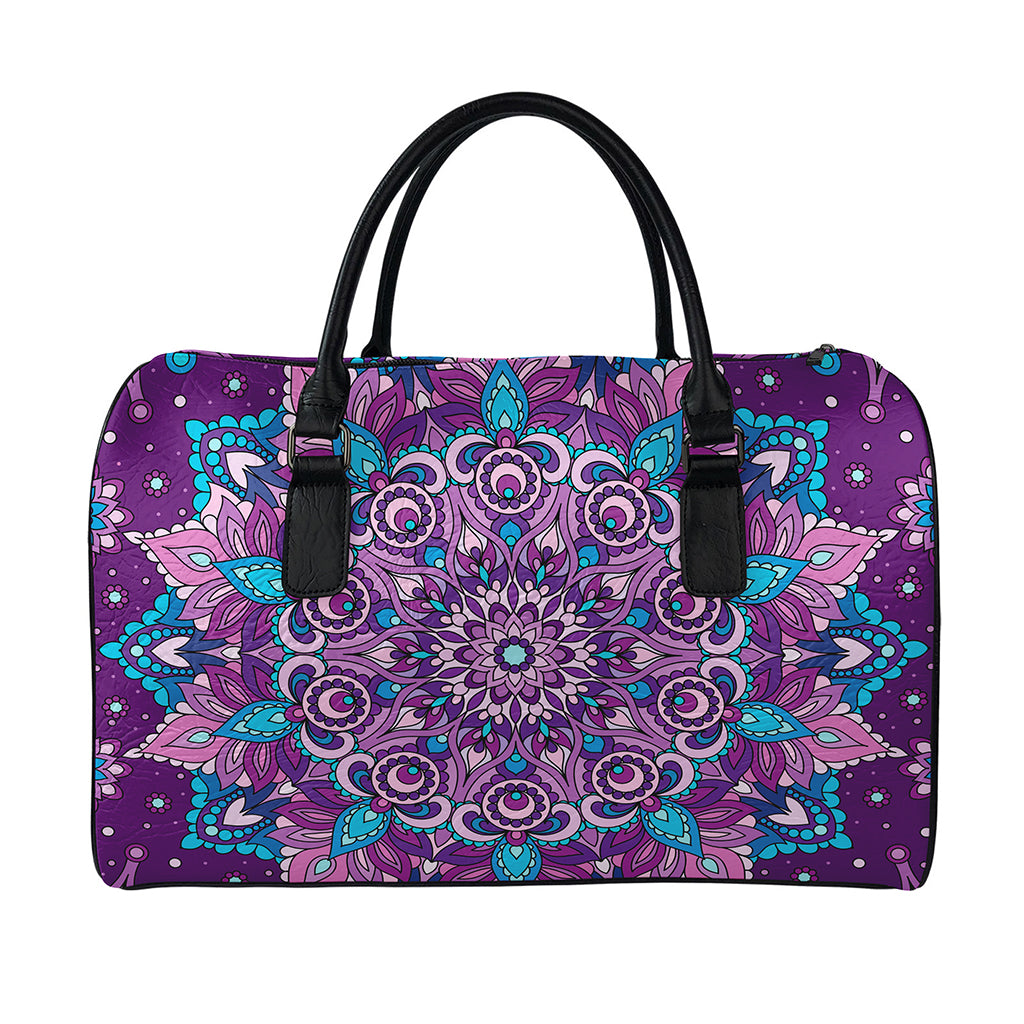 Purple And Blue Mandala Print Leather Duffle Bag