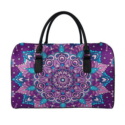 Purple And Blue Mandala Print Leather Duffle Bag