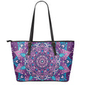 Purple And Blue Mandala Print Leather Tote Bag With Zipper