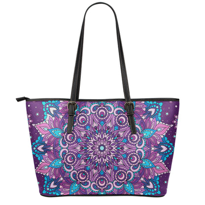 Purple And Blue Mandala Print Leather Tote Bag