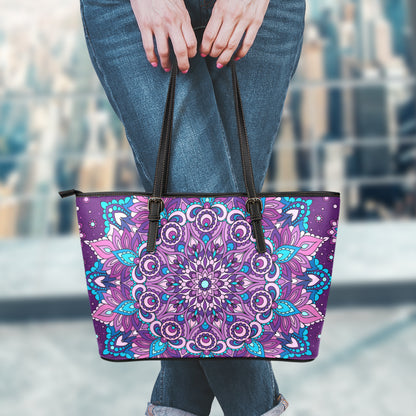 Purple And Blue Mandala Print Leather Tote Bag