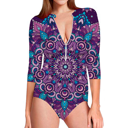 Purple And Blue Mandala Print Long Sleeve Swimsuit