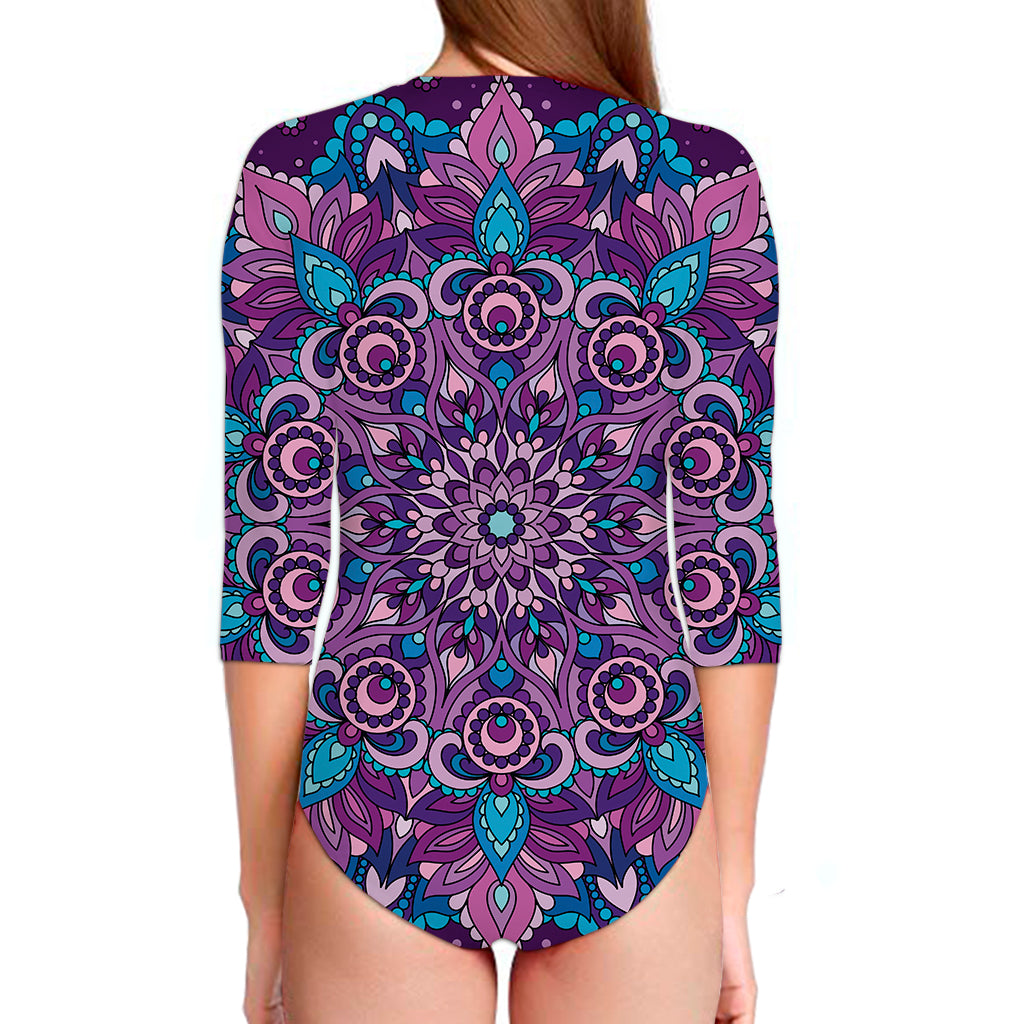 Purple And Blue Mandala Print Long Sleeve Swimsuit