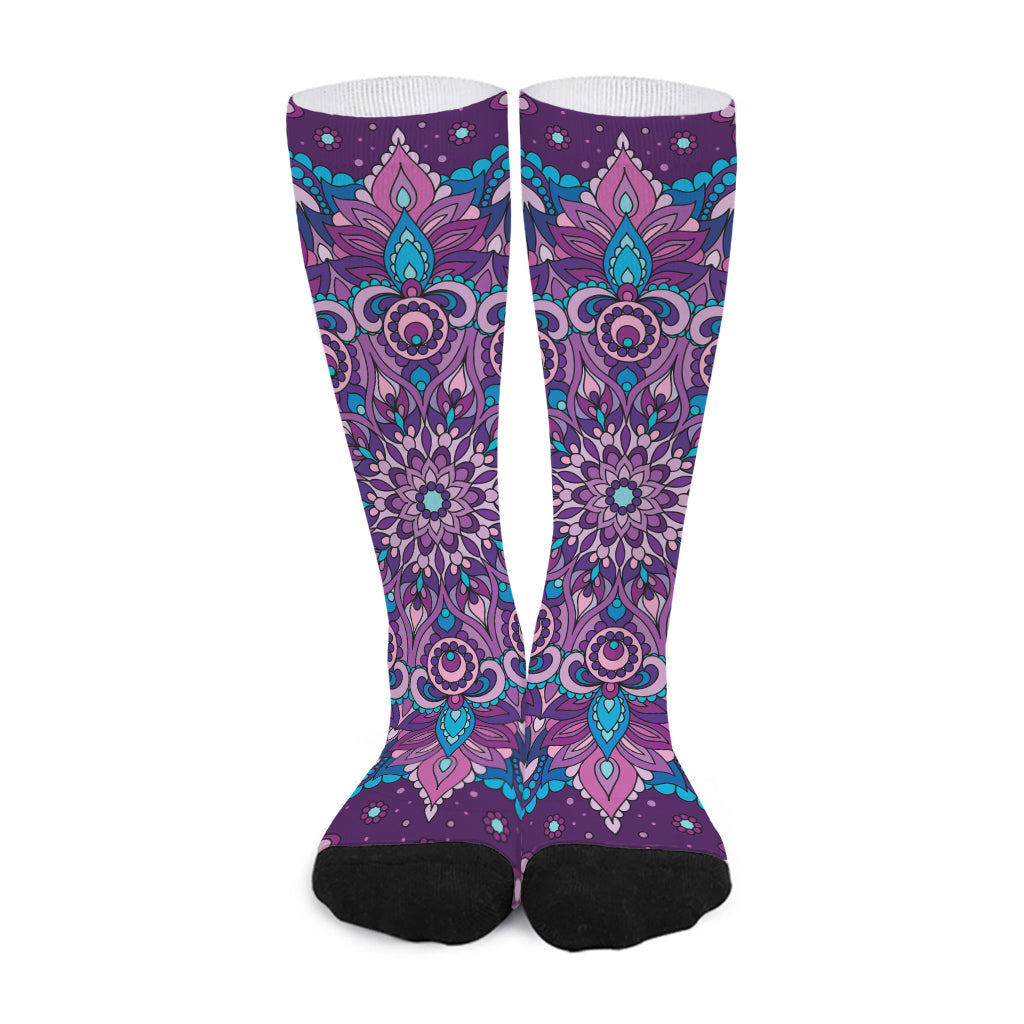 Purple And Blue Mandala Print Long Socks