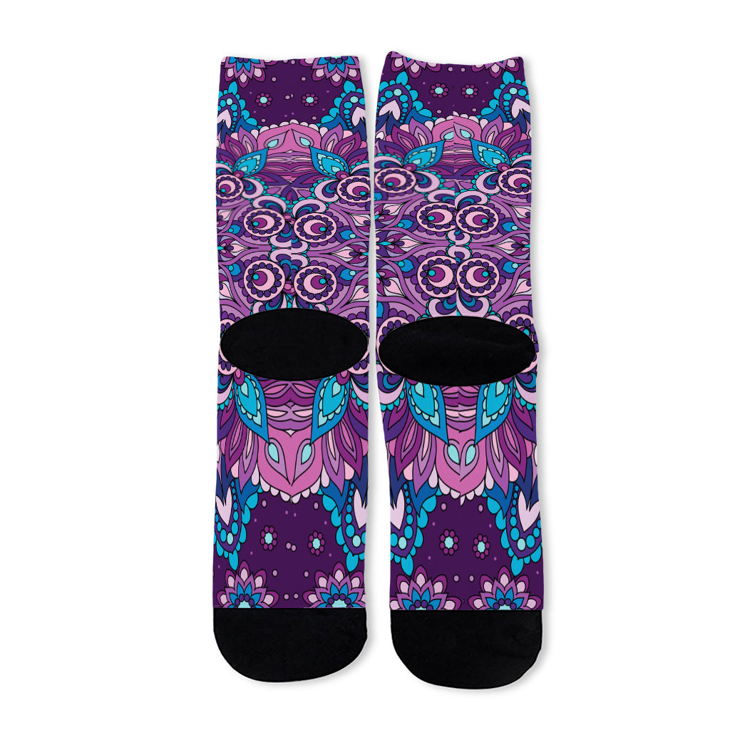 Purple And Blue Mandala Print Long Socks
