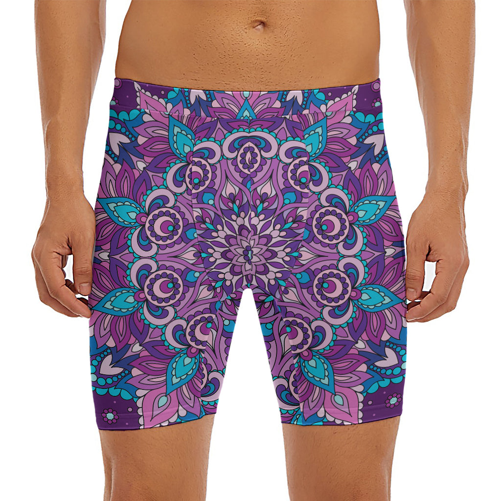 Purple And Blue Mandala Print Men's Long Boxer Briefs