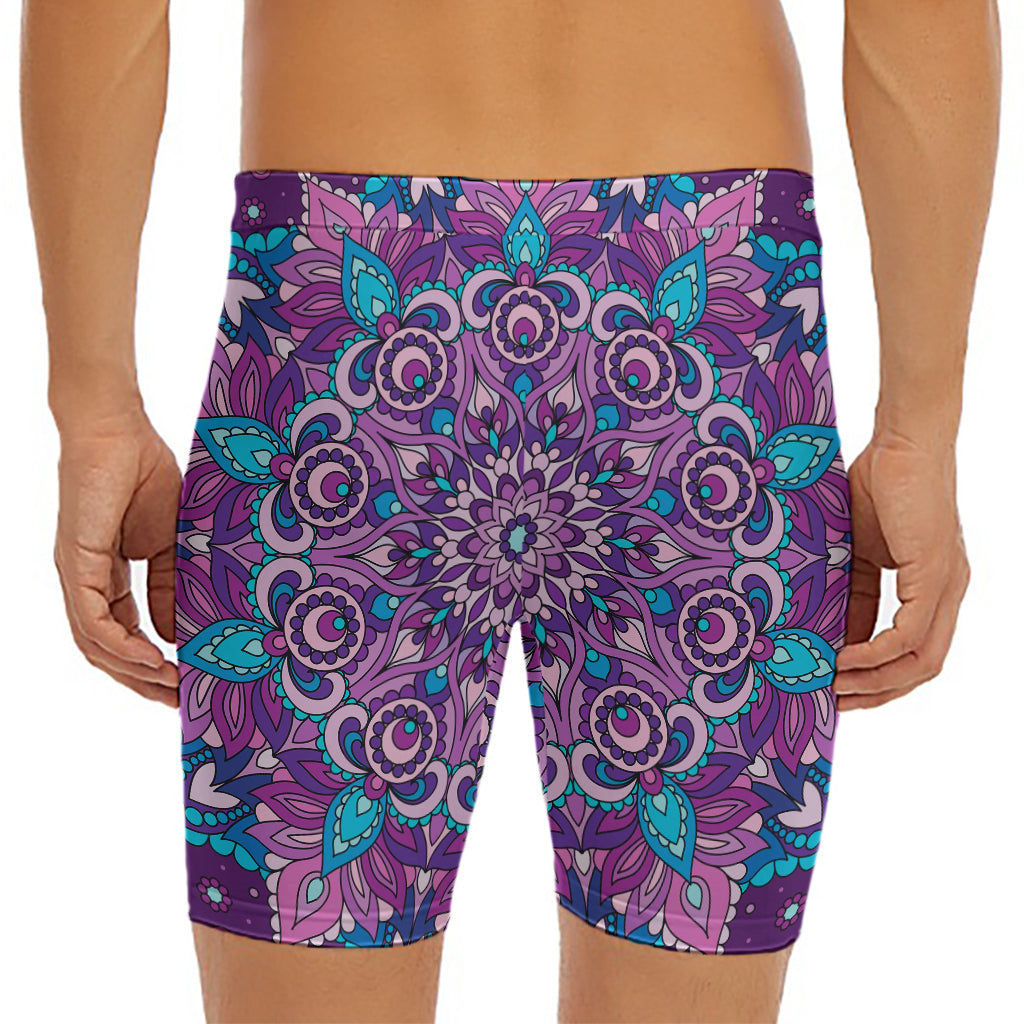 Purple And Blue Mandala Print Men's Long Boxer Briefs
