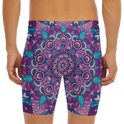 Purple And Blue Mandala Print Men's Long Boxer Briefs