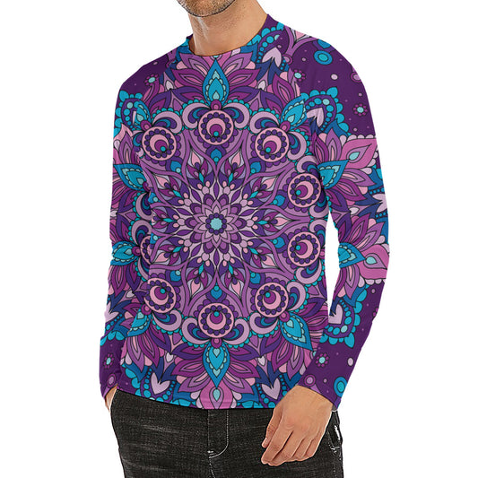 Purple And Blue Mandala Print Men's Long Sleeve Rash Guard