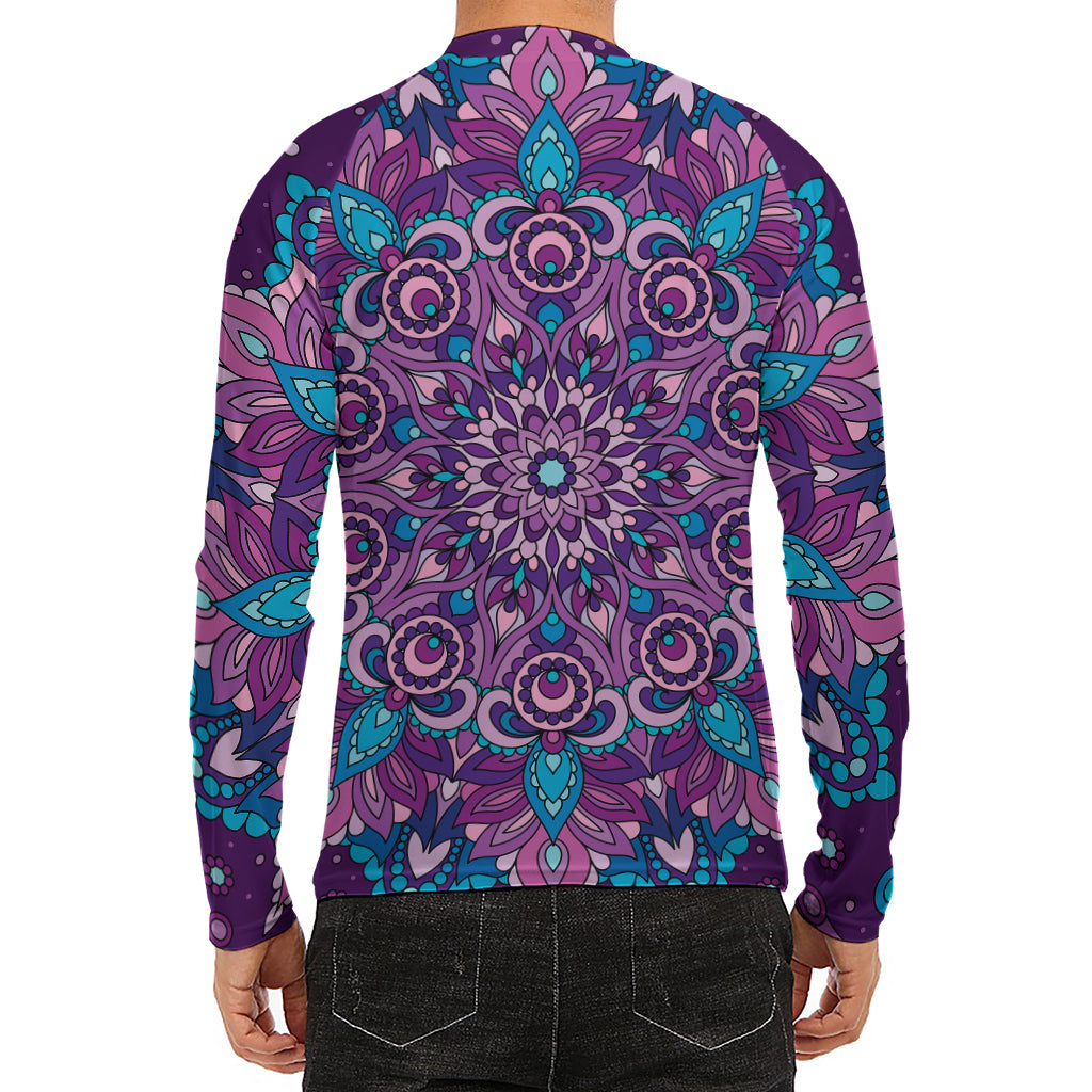 Purple And Blue Mandala Print Men's Long Sleeve Rash Guard