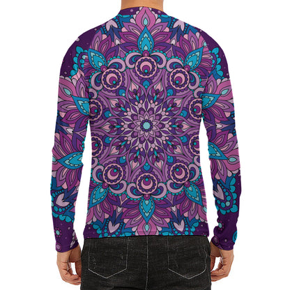 Purple And Blue Mandala Print Men's Long Sleeve Rash Guard
